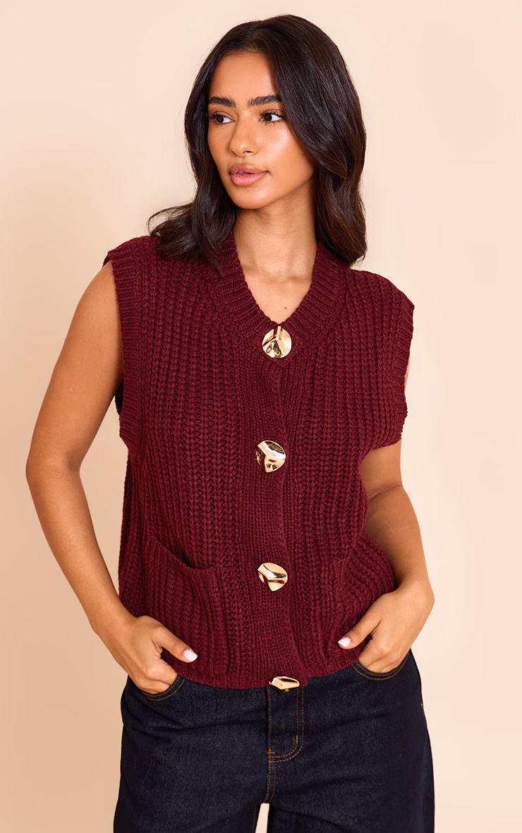 Petite Burgundy Button Detail Knitted Vest