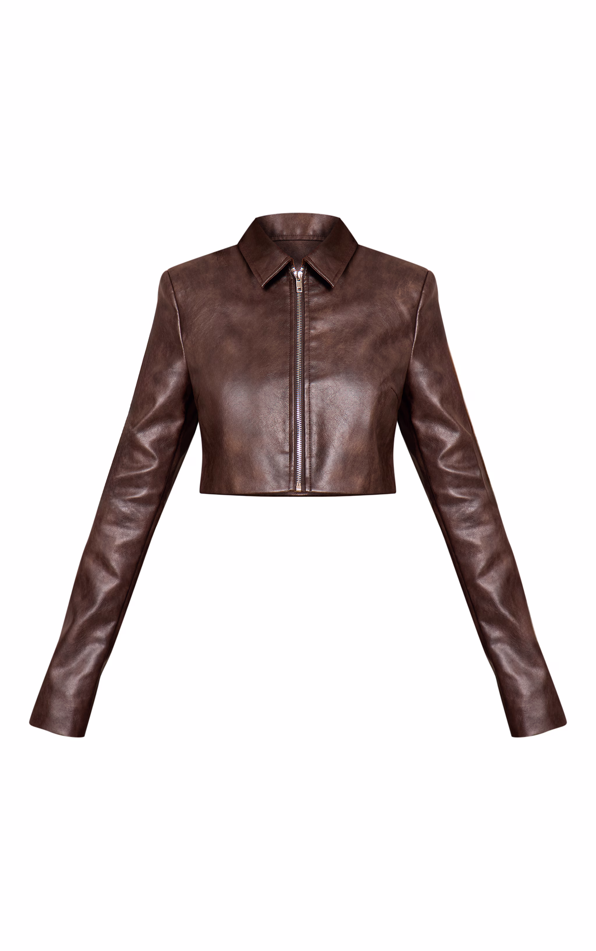 Petite Chocolate Cropped Faux Leather Zip Up Jacket
