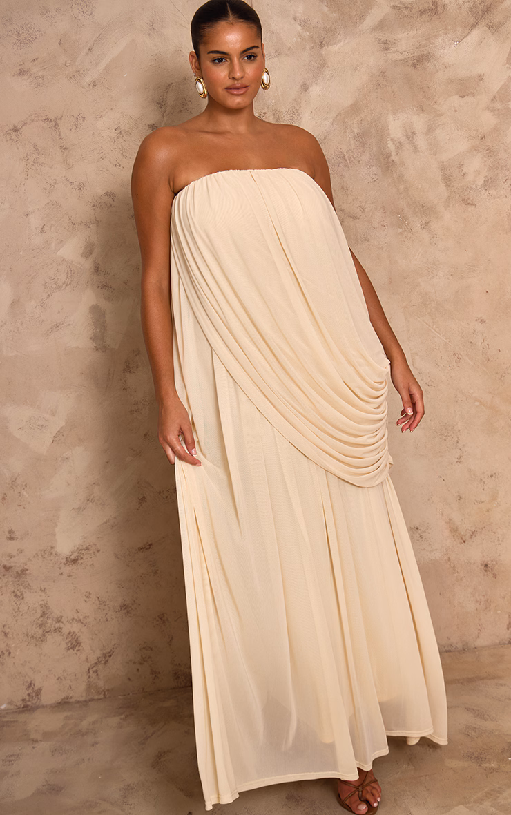 PLT Label Plus Cream Mesh Drape Bandeau Maxi Dress