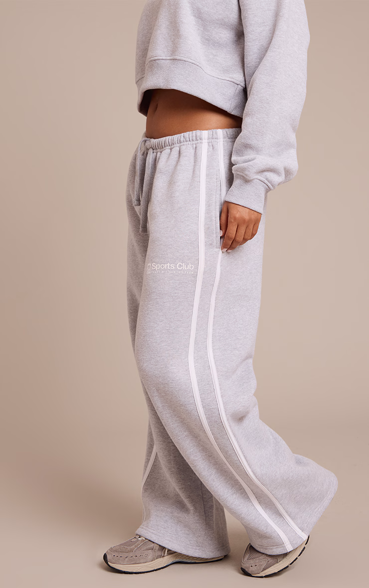 Petite Ash Grey Sports Club Print Wide Leg Sweatpants