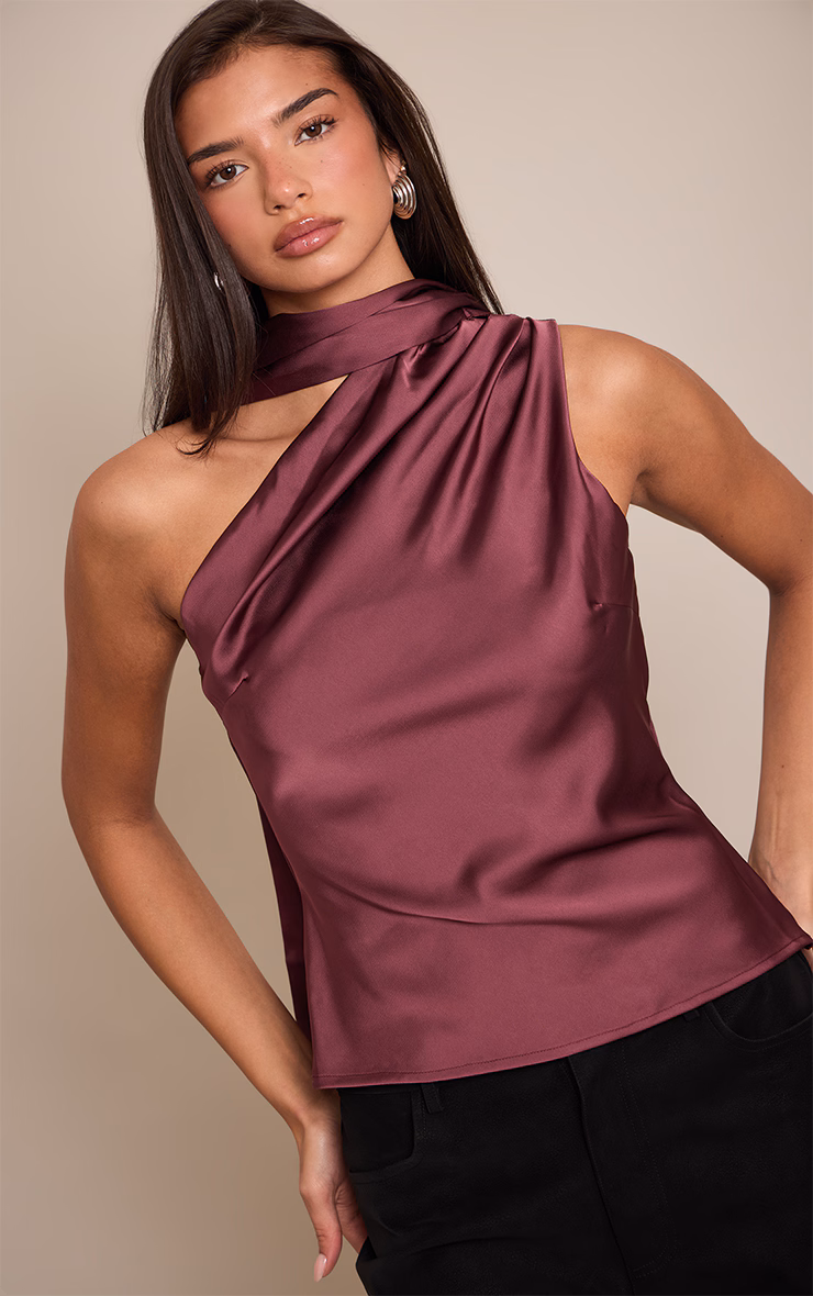 Plum Asymmetric Scarf Detail Top