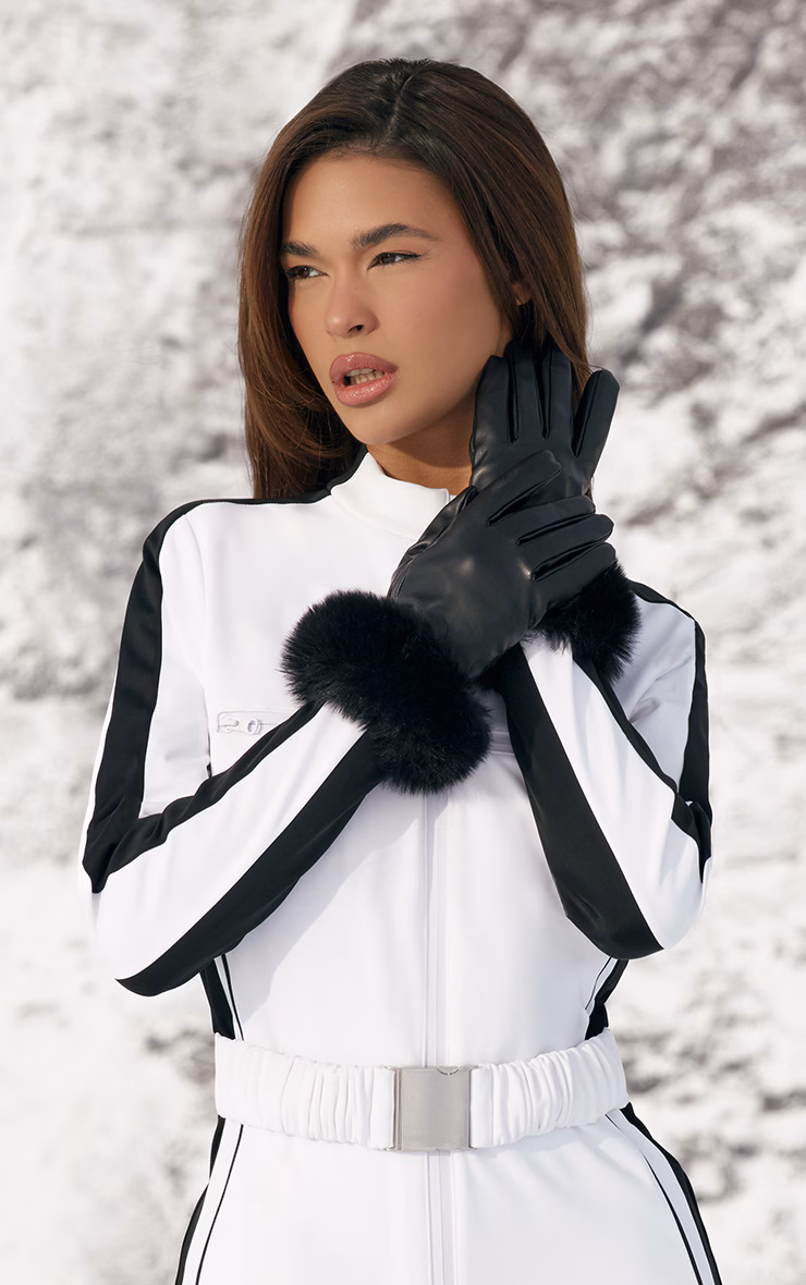 Black PU Bubble Faux Fur Trim Gloves