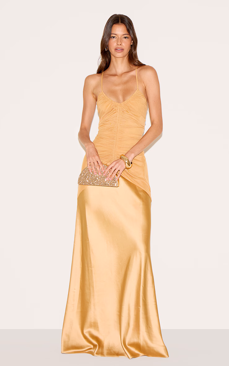 Mustard Ruched Detail Satin Maxi Slip Dress