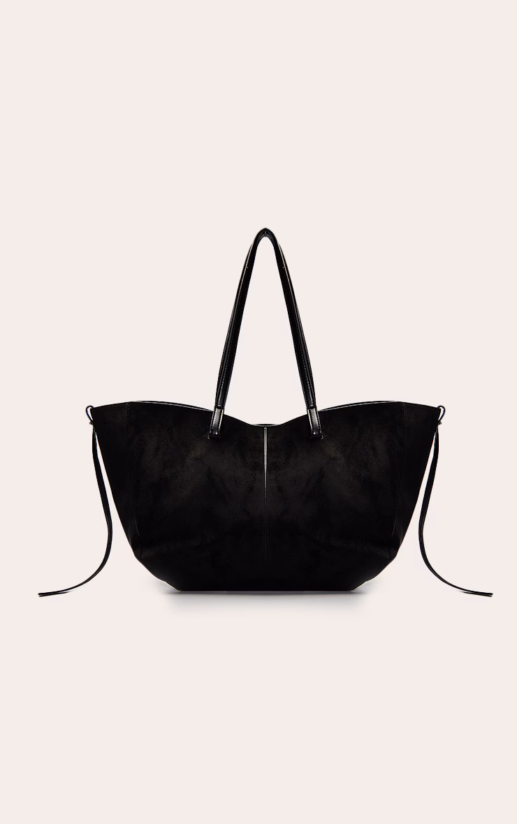 Black Faux Suede Contrast Handle Tote Bag