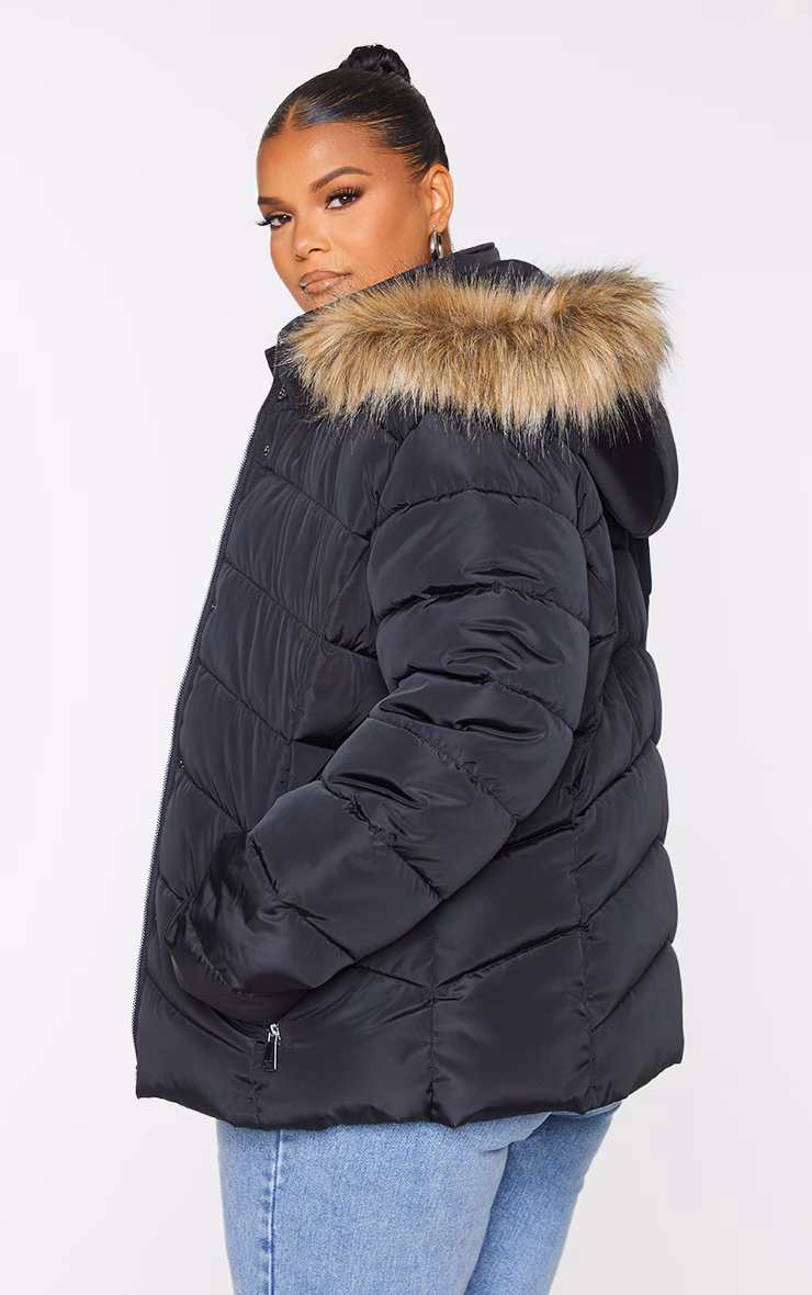Plus Black Quilted Mara Faux Fur Hooded Puffer Jacket