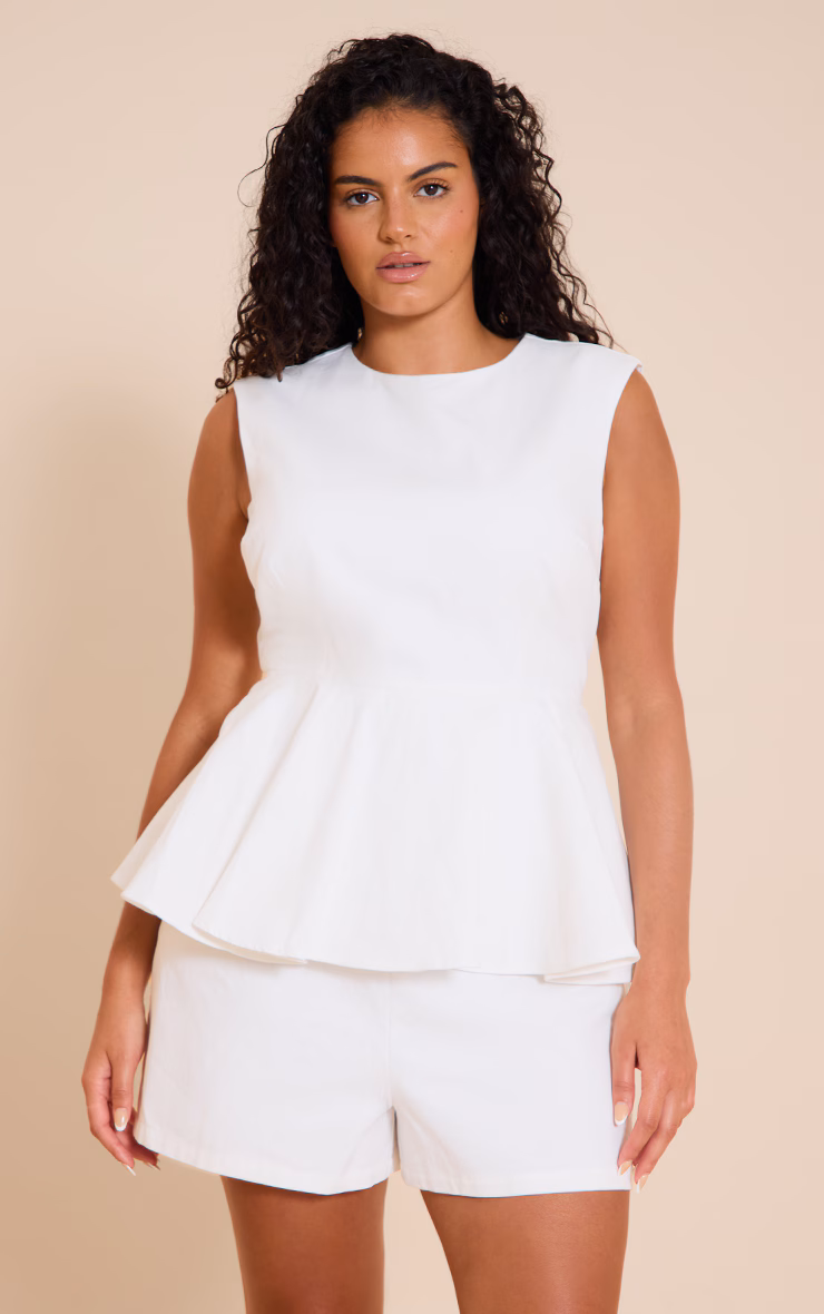 Plus White Cotton Skort Peplum Romper