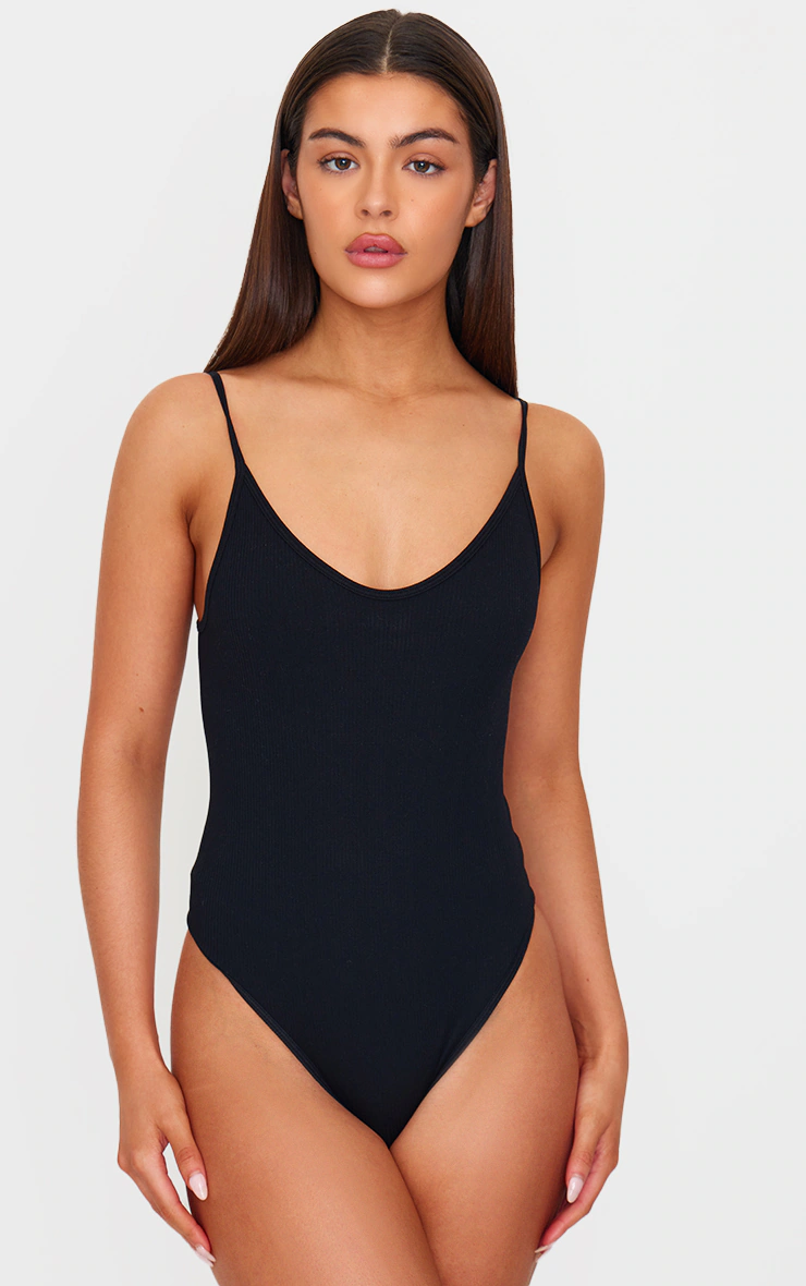 Black Snatched Rib Strappy Bodysuit