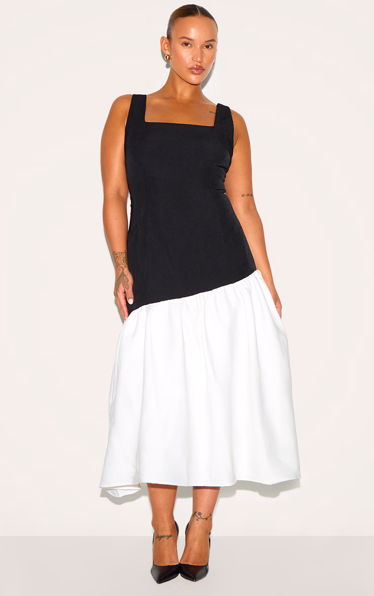 Plus Monochrome Contrast Pleated Hem Square Neck Midaxi Dress