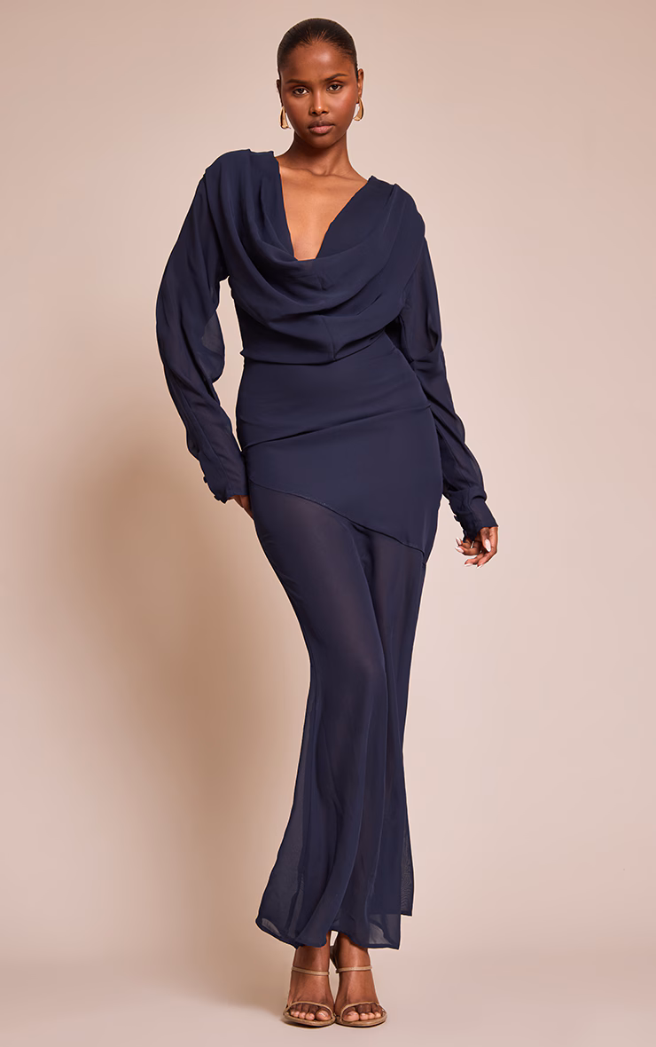 Navy Chiffon Extreme Cowl Neck Long Sleeve Maxi Dress
