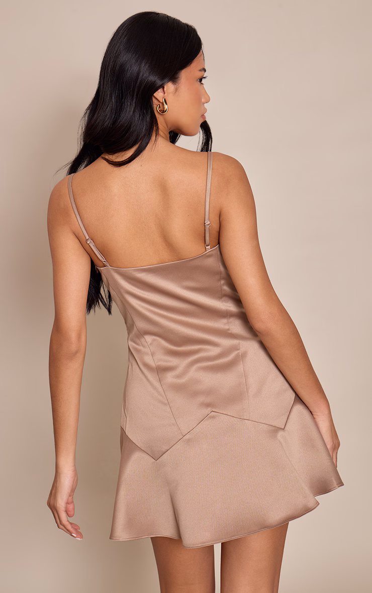 Light Brown Satin Embroired Mini Shift Dress