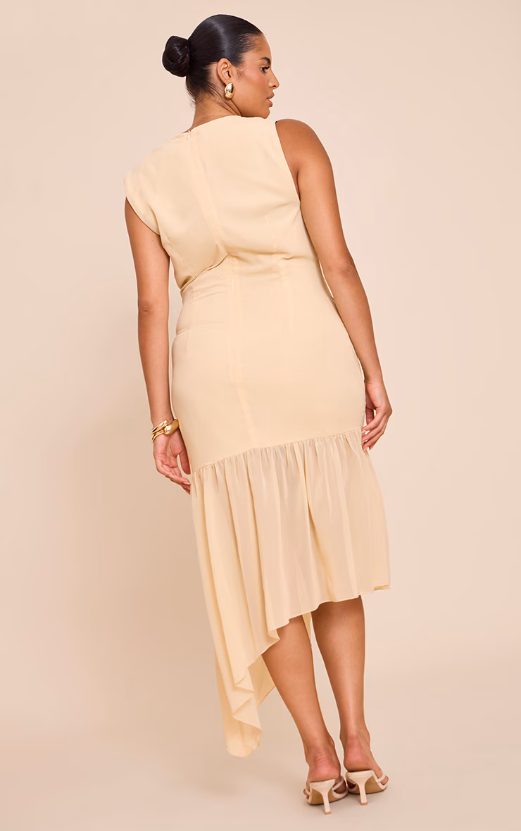 Plus Butter Cream Chiffon Drape Detail Asymmetric Midaxi Dress
