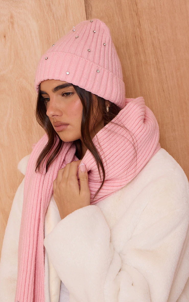 Pink Ribbed Diamante Fold Over Beanie