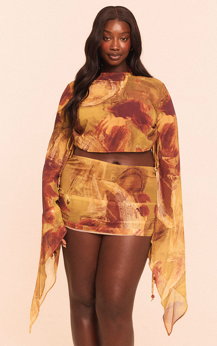 Plus Green Abstract Print Bead Trim Chiffon Beach Skirt