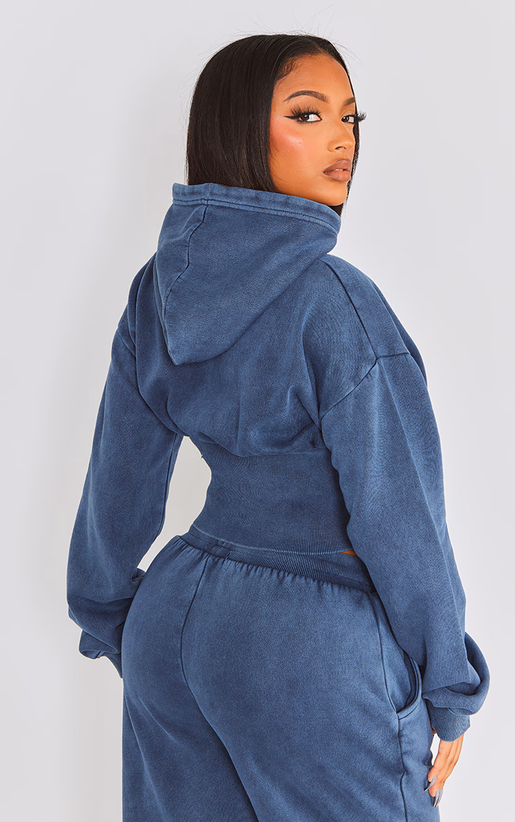 Shape Blue Sweat Cropped Shirred Waist Hoodie