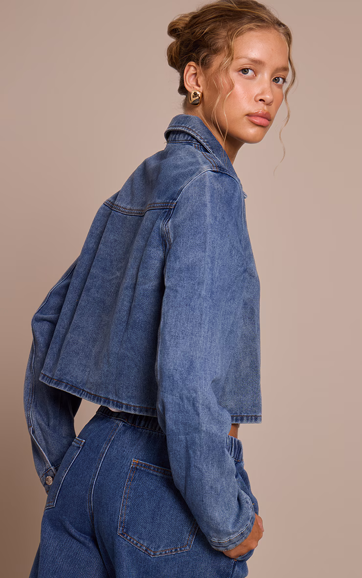 Mid Blue Wash Relaxed Long Sleeve Cropped Denim Shirt