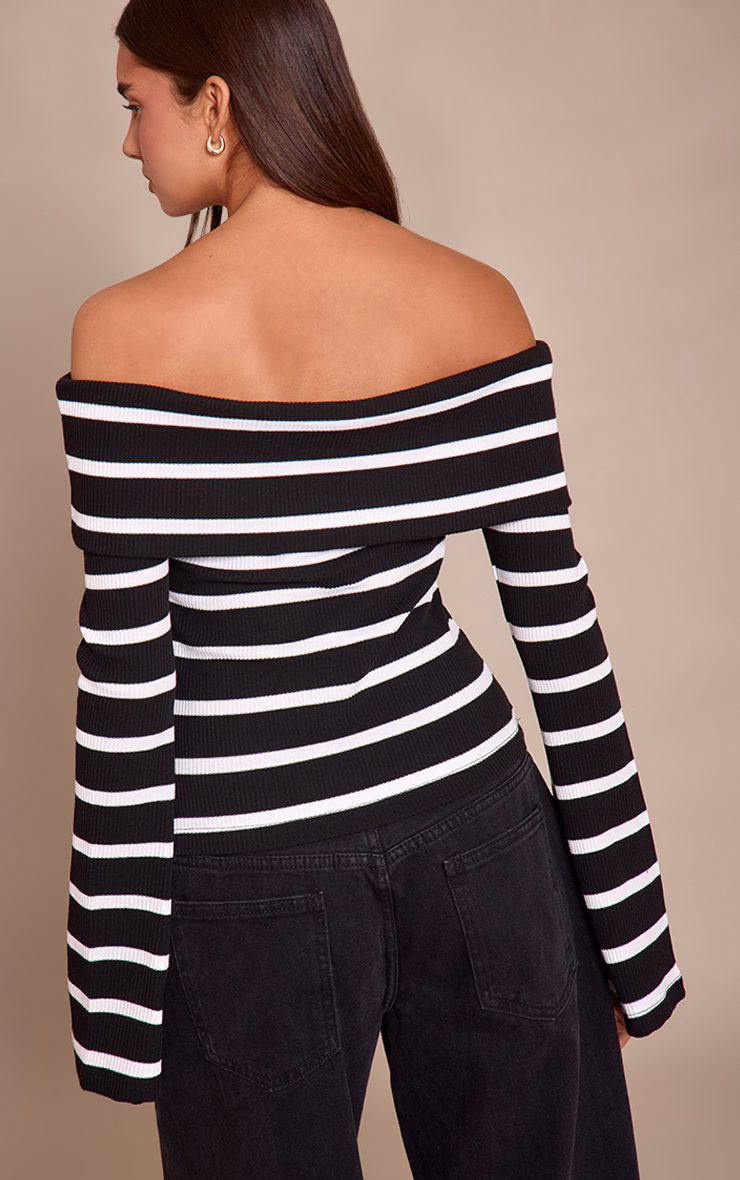 Monochrome Stripe Rib Bardot Slouchy Long Sleeve Top