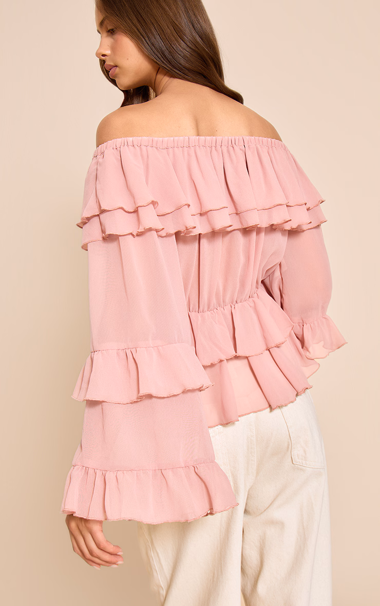 Pale Pink Chiffon Tiered Ruffle Bardot Top