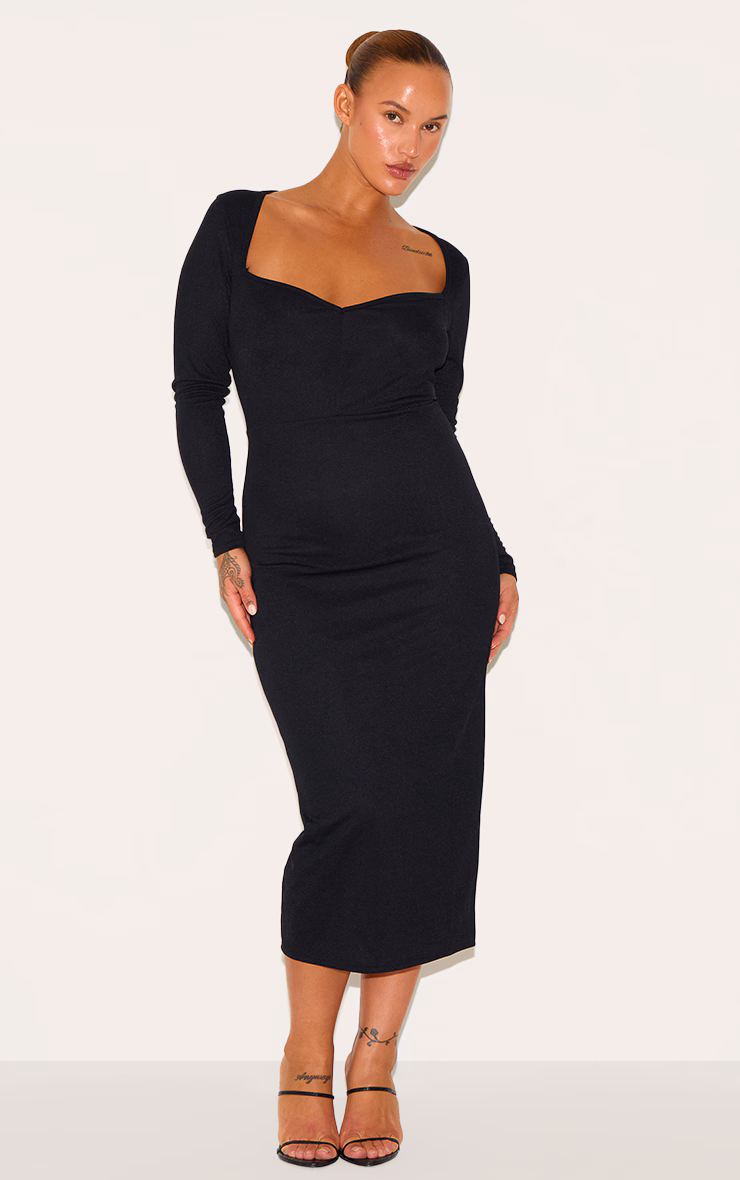 Plus Black Sweetheart Neck Long Sleeve Midi Dress
