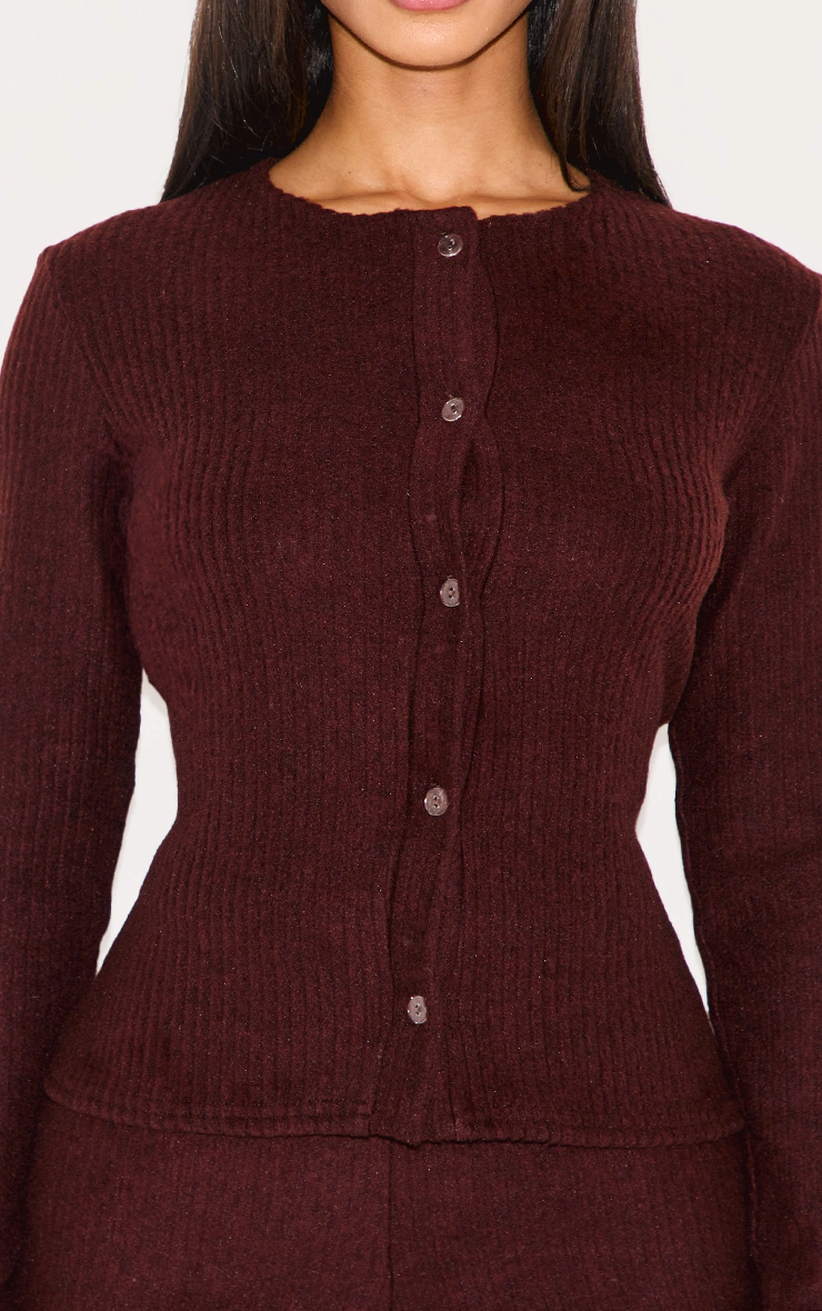 Petite Chocolate Brushed Rib Button Through Top