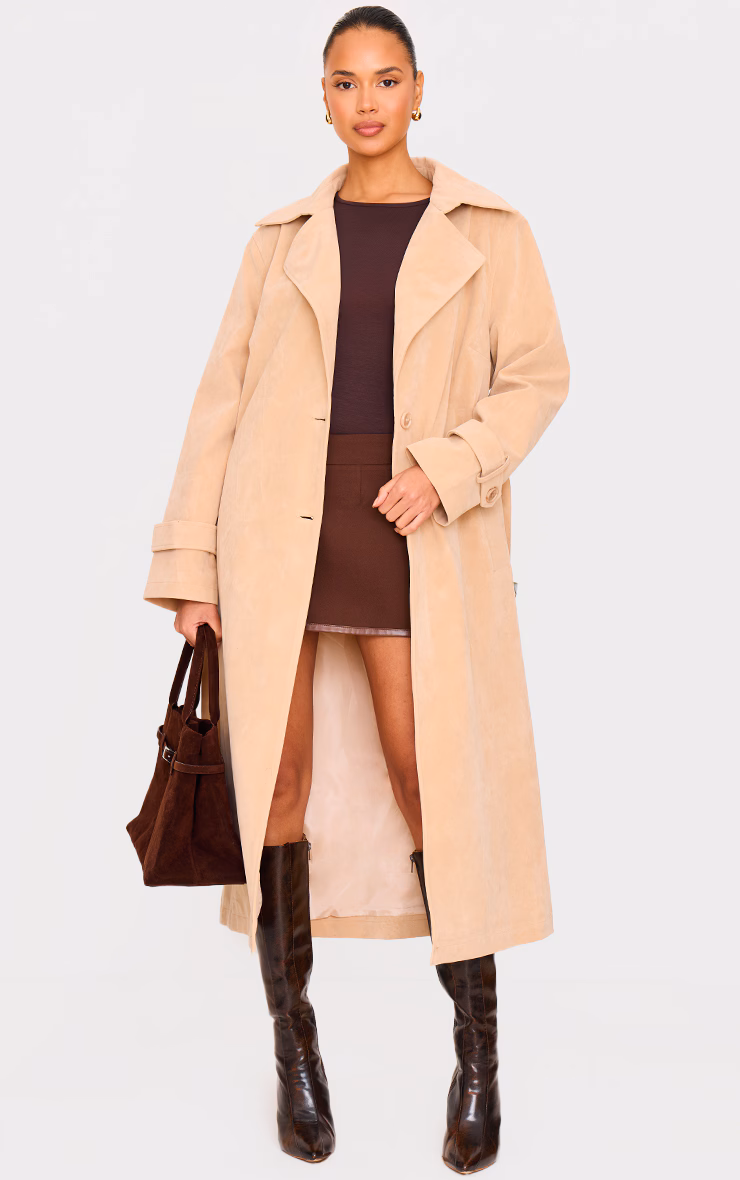 Stone Faux Suede Buckle Belt Trench Coat