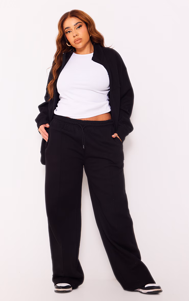 Plus Black Mid Rise Seam Detail Straight Leg Sweatpants