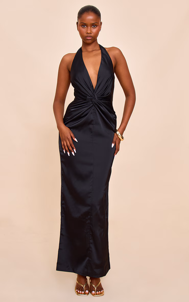Black Bridesmaid Satin Twist Detail Halterneck Maxi Dress
