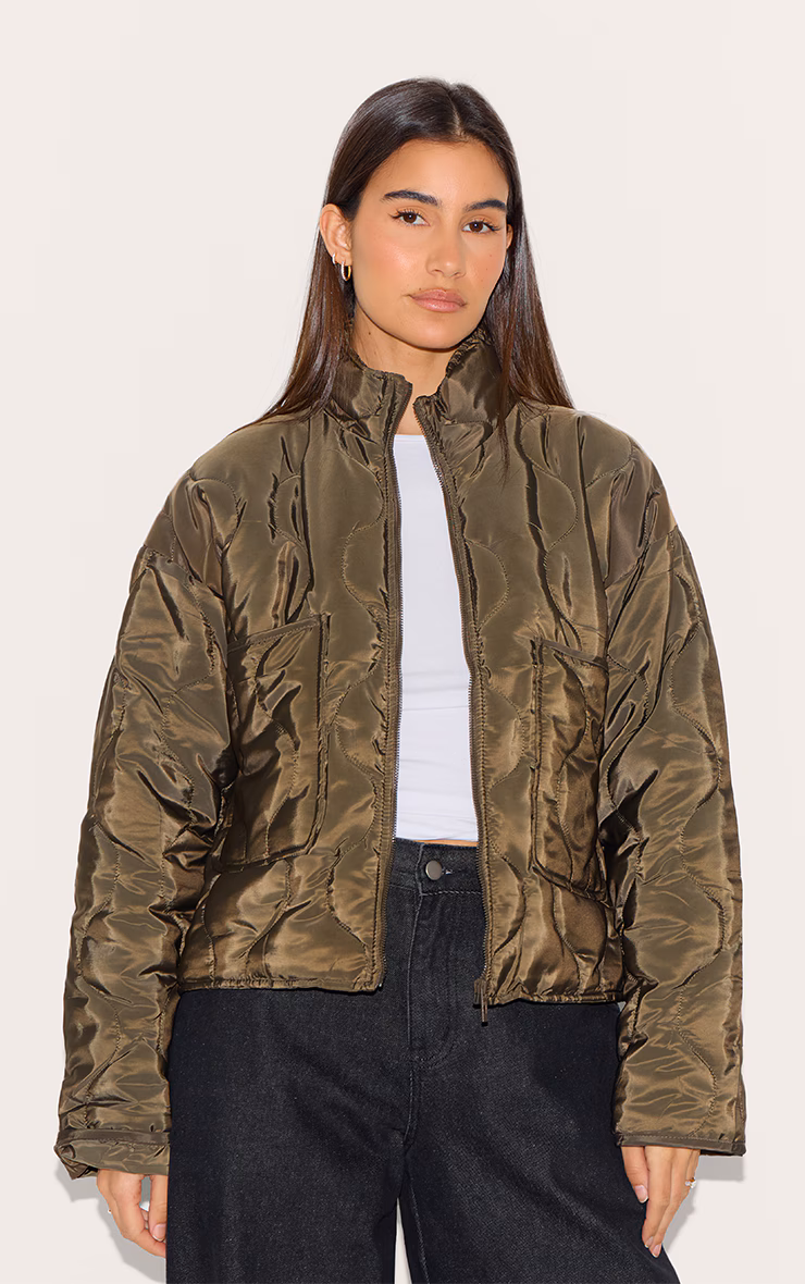 Olive Padded Wave Funnel Neck Jacket