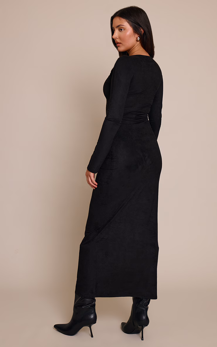 Black Faux Suede Knot Detail Long Sleeve Maxi Dress