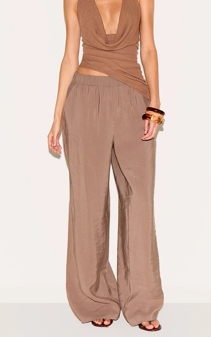 Mushroom Peached Woven Elasticated Waist Straight Leg Pants