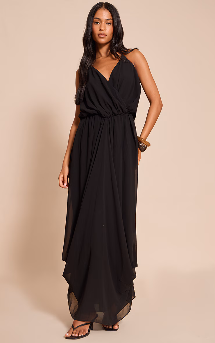 Tall Black Chiffon Drape V Neck Shift Maxi Dress