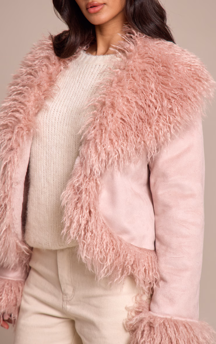 Petite Pink Faux Suede Fur Trim Afghan Coat