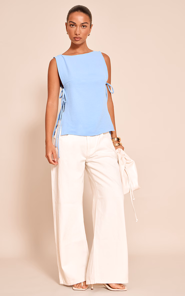 Pale Blue Woven Tie Side Detail Long Top