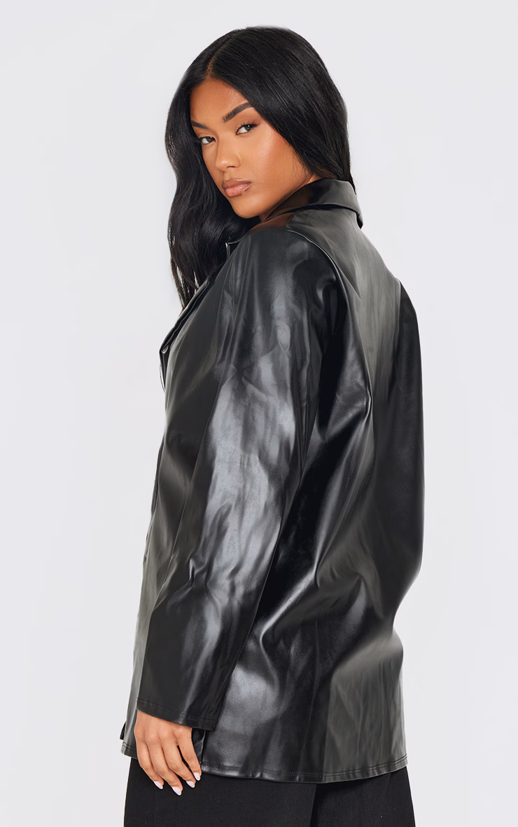 Black Longline Lapel Detail Faux Leather Blazer