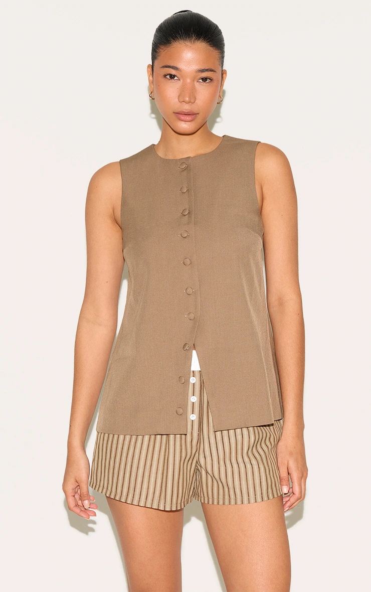 Mushroom Woven Button Down Longline Vest
