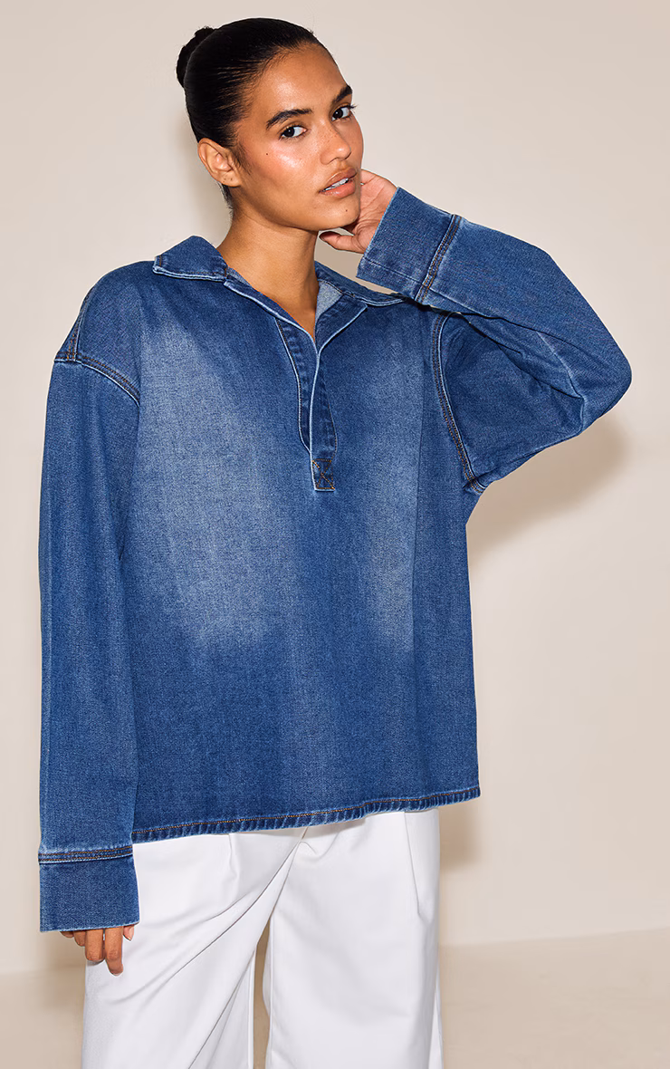 Mid Blue Wash Long Sleeve Oversized Denim Rugby Shirt
