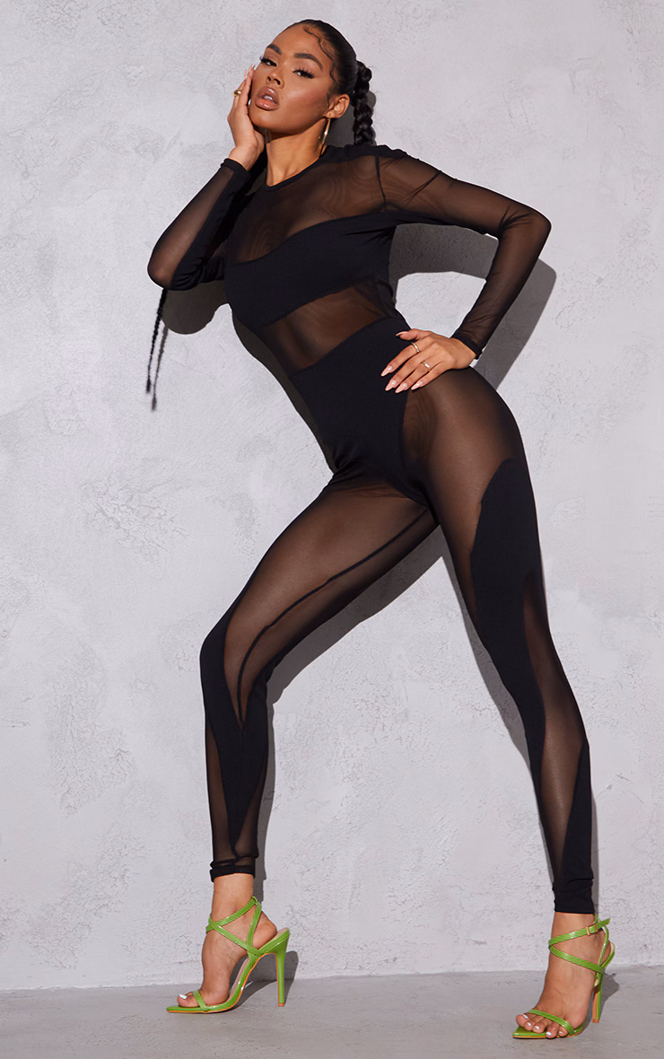 Black Mesh Panelled Long Sleeve Jumpsuit