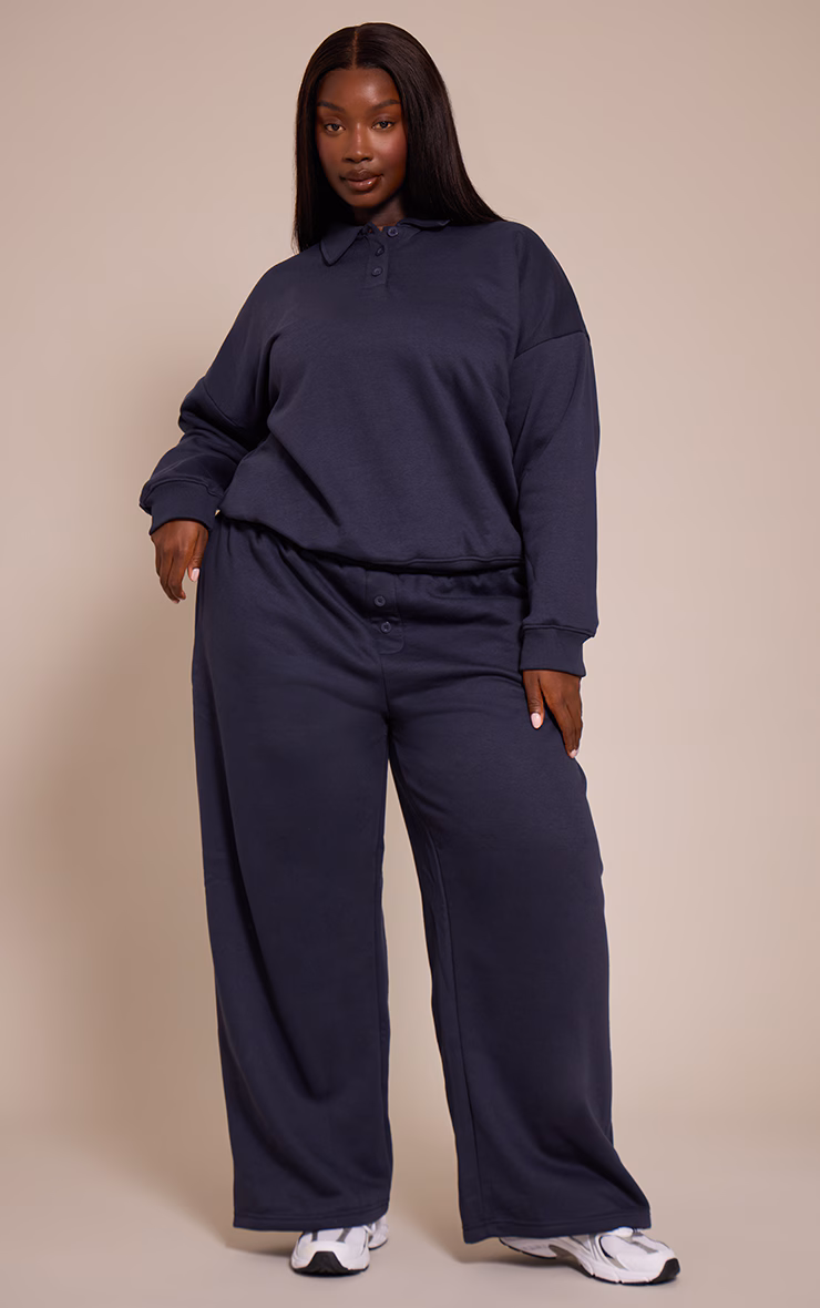 Plus Navy Button Up Wide Leg Sweatpants