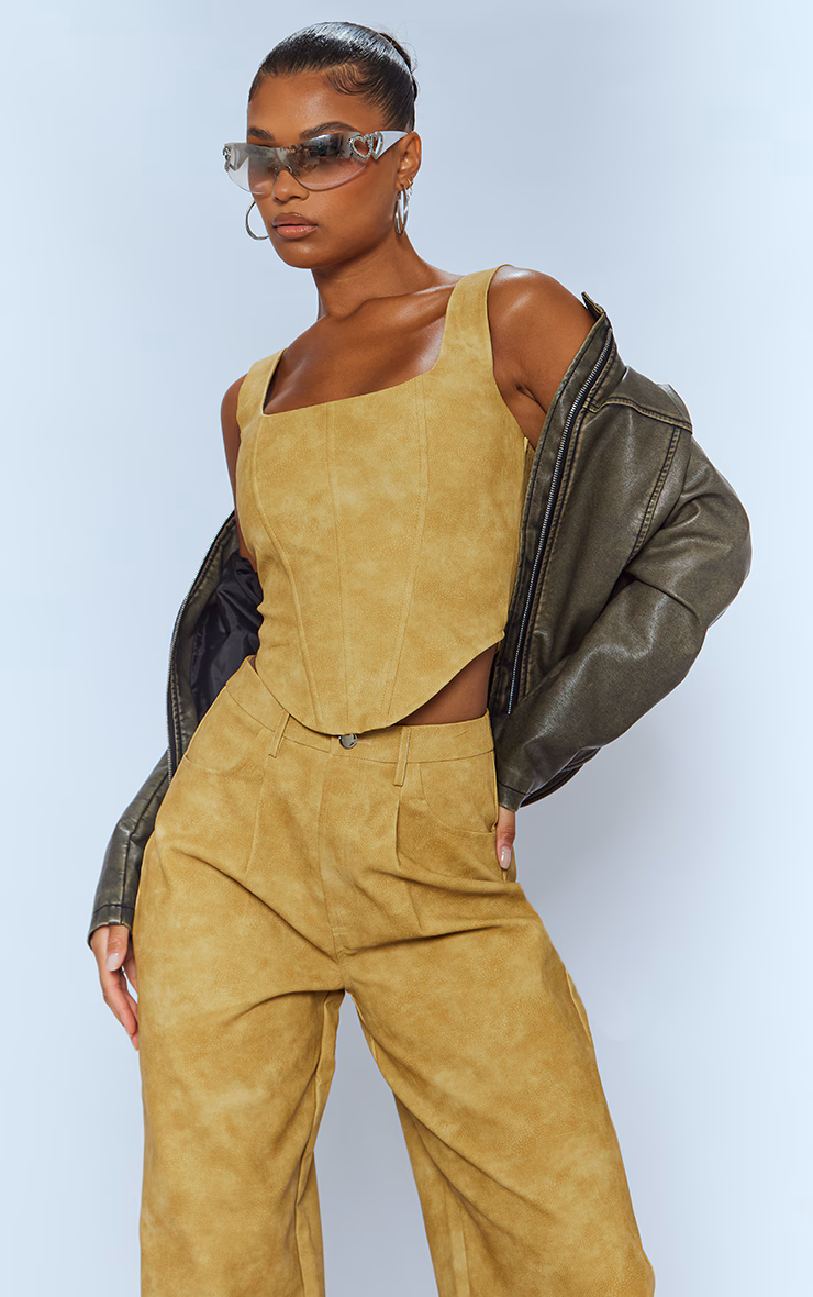 Mustard Washed Faux Leather Dart Pocket Straight Leg Pants