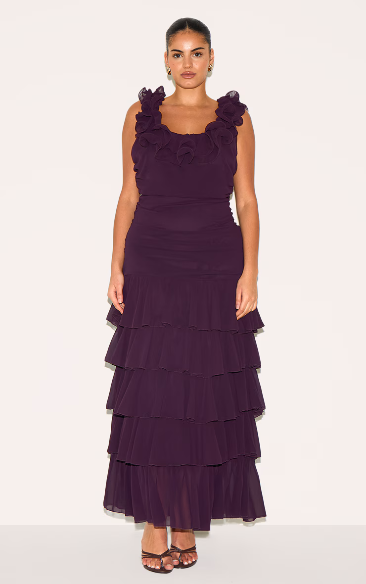 Plus Wine Chiffon Ruched Ruffle Maxi Dress