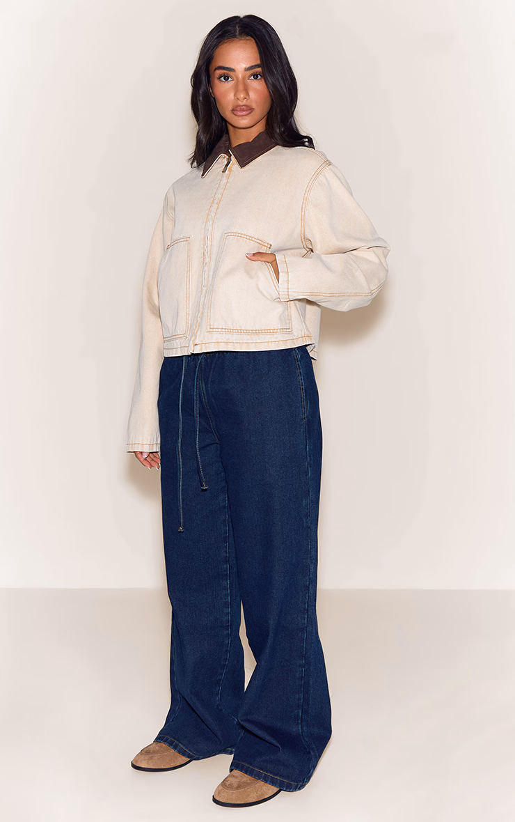 Petite Beige Denim Jacket With Contrast Collar