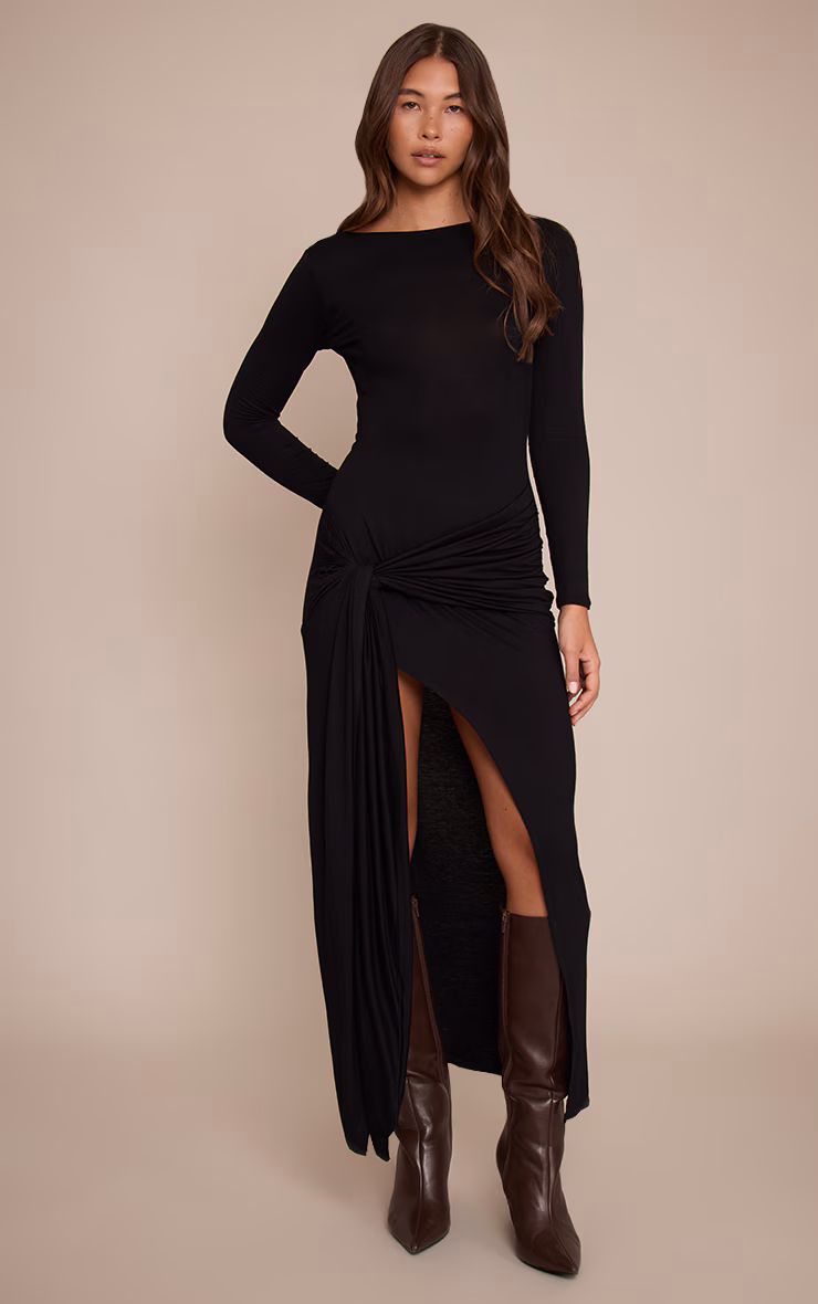 Black Jersey Knot Drape Detail Long Sleeve Maxi Dress