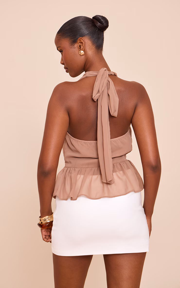 Mocha Chiffon Cowl Peplum Hem Halterneck Top