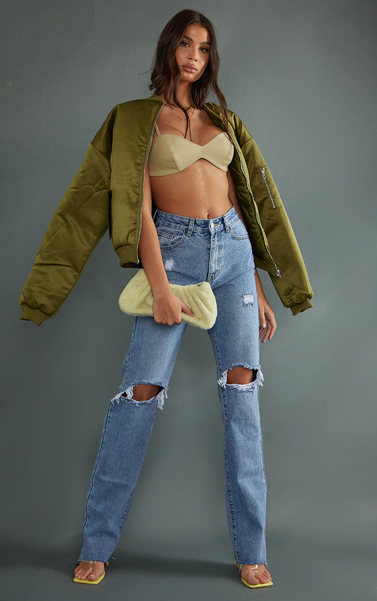 PRETTYLITTLETHING Tall Mid Blue Wash Ripped Long Leg Mid Rise Straight Jeans