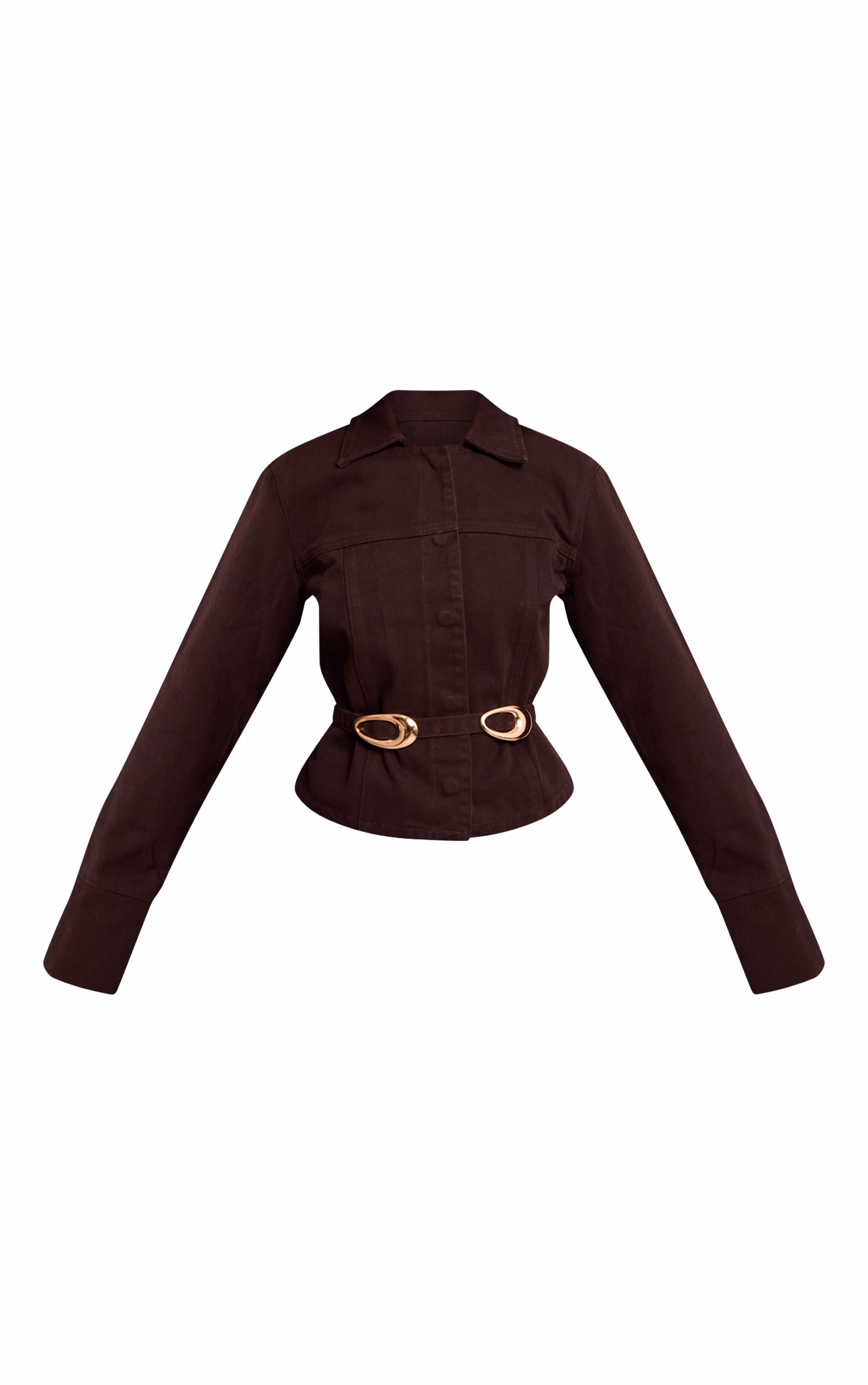 Petite Dark Chocolate Concealed Placket Crop Belted Denim Jacket