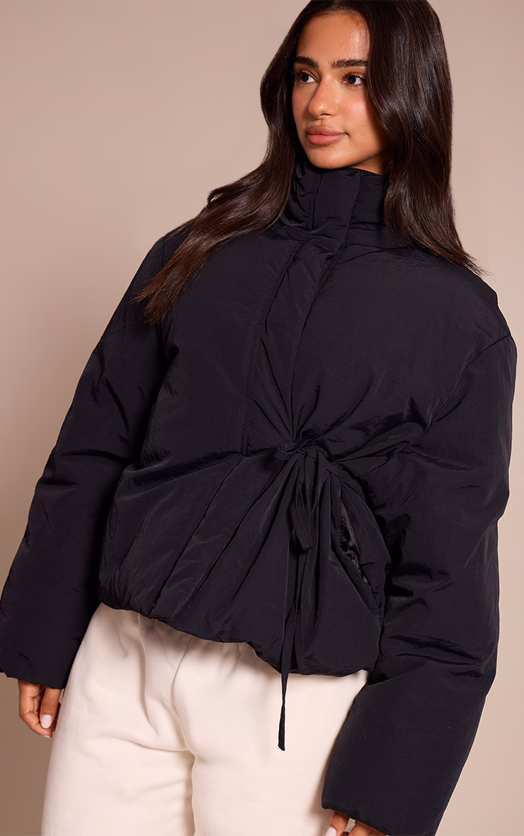 Petite Black High Neck Tie Waist Quilted Jacket