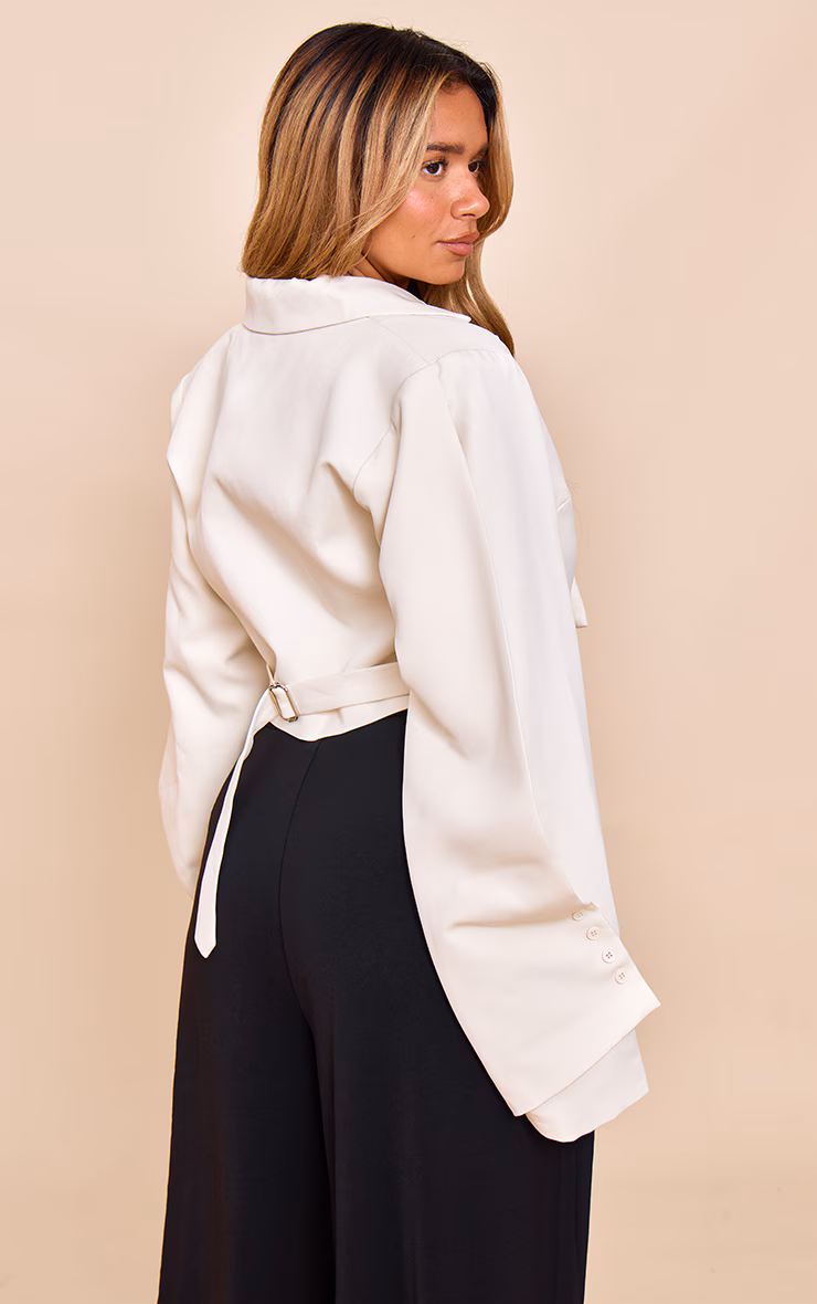Shape Cream Tailored Pleated Sleeve Adjustable Waist Cropped Blazer