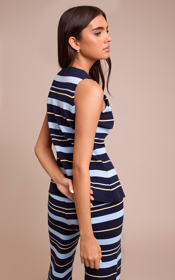 Navy Viscose Compact Striped Vest