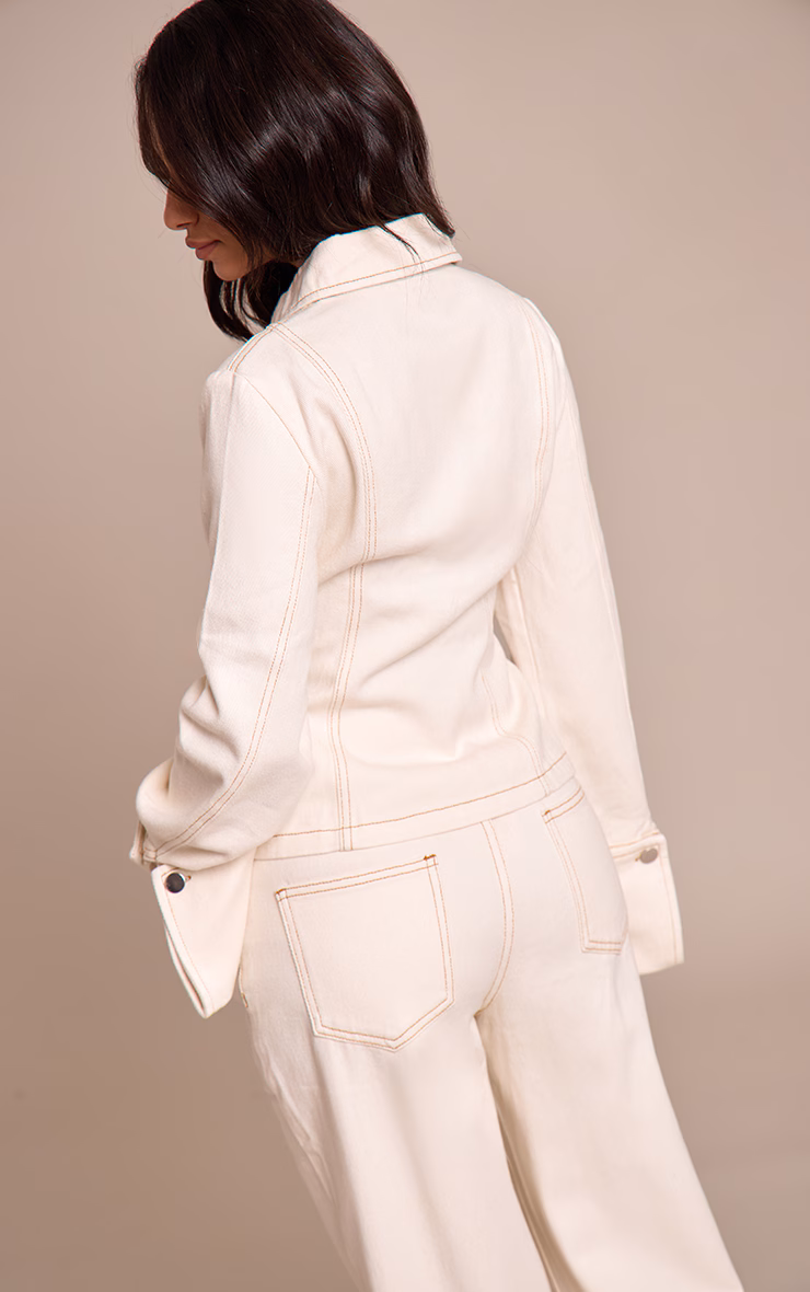 Petite Ecru Contrast Stitch Long Sleeve Fitted Denim Shirt