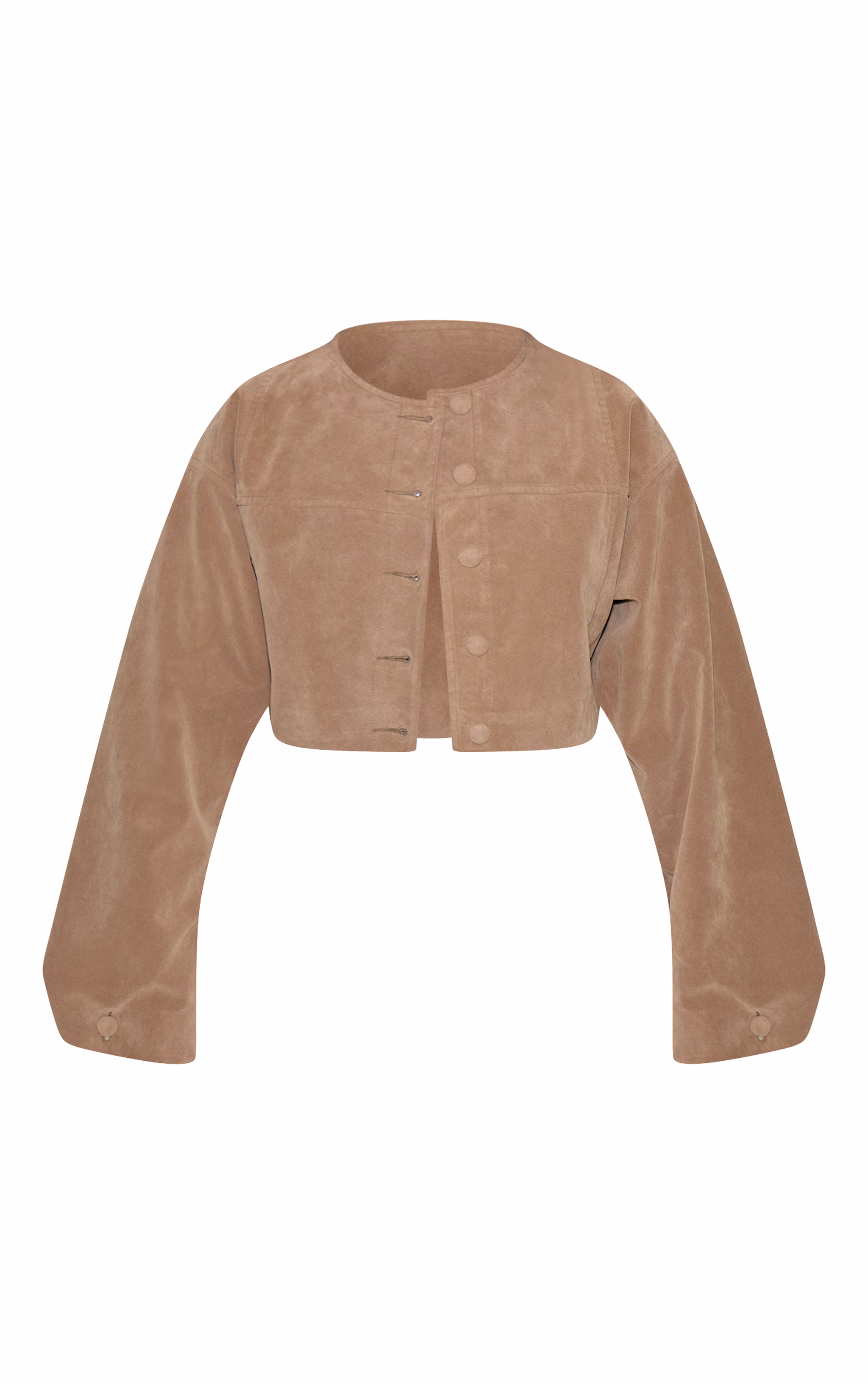 Beige Cropped Ruched Sleeve Detail Suede Jacket