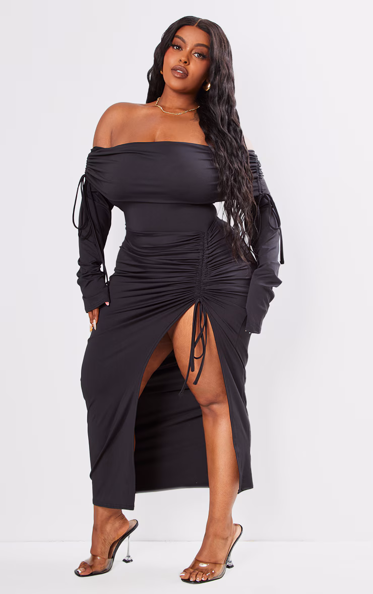 Plus Black Bardot Ruching Detail Midaxi Dress